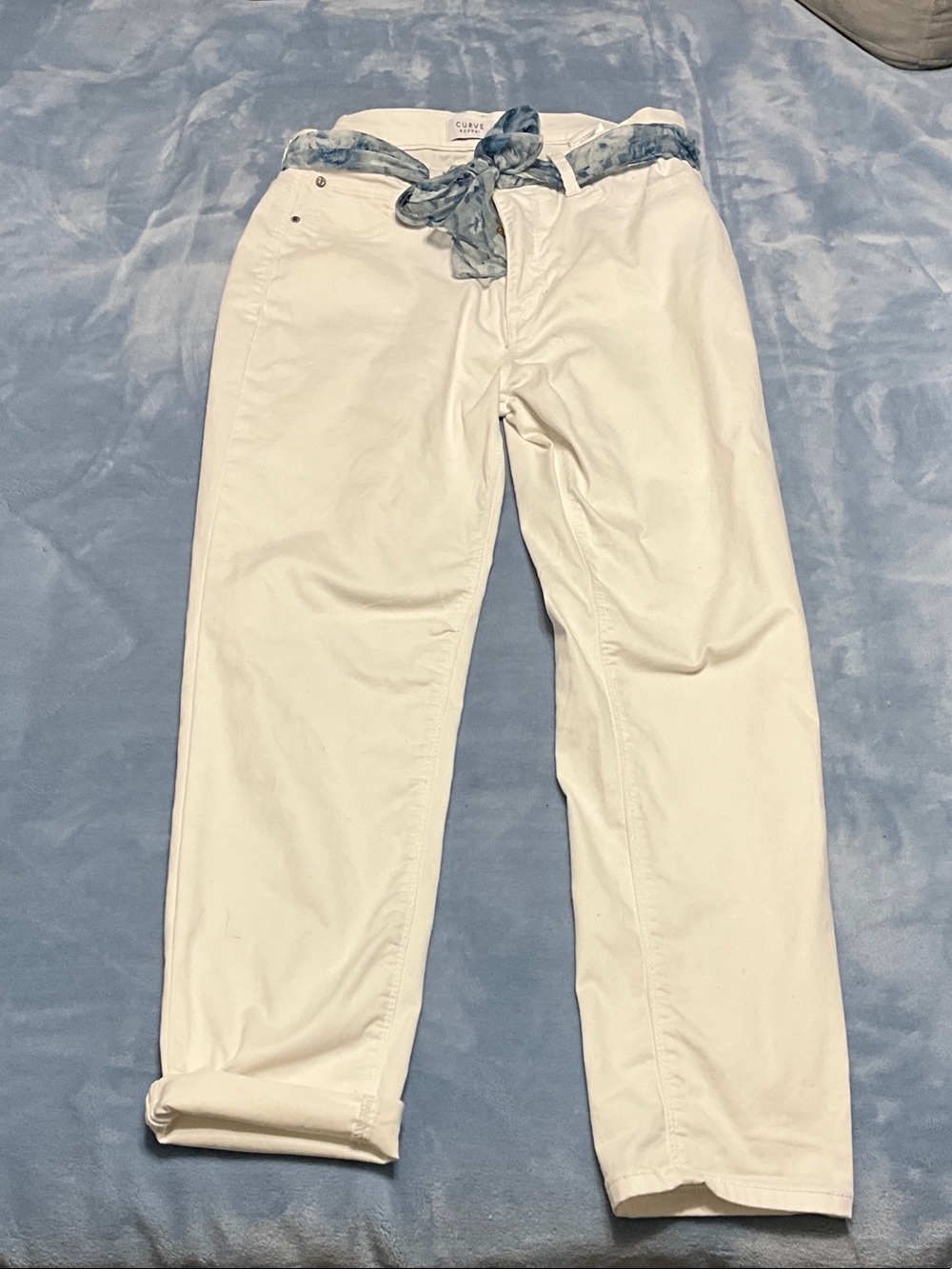 White Women’s  Casual Chino Pants with Blue Tie Belt
